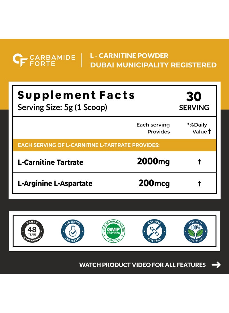 Carbamide Forte L Carnitine Powder for Men & Women 2000mg Powder Pre Workout Supplement Post Workout Supplement Mango Flavour - 150g Powder - Image 2